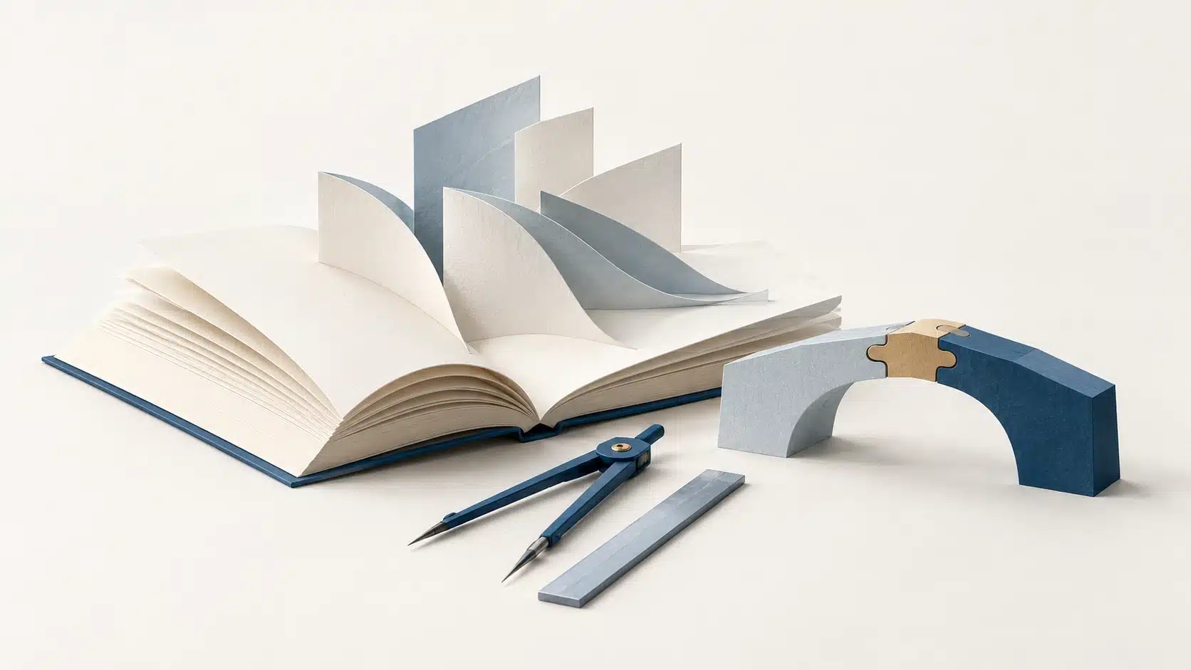 Offenes Buch, Zirkel und zusammengesetzte Brücke aus Papier – Sinnbild für Wissen, Werkzeuge und Zusammenarbeit.
